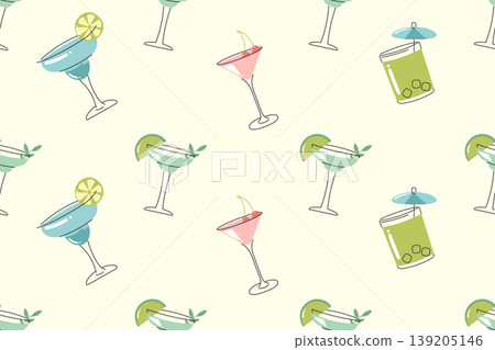 Cocktail seamless pattern with elegant drink glasses and tropical beverages in hand drawn doodle style for wallpaper and summer surface design Cocktail seamless pattern with elegant drink glasses and tropical beverages in hand drawn doodle style for wallpaper and summer surface design 139205146