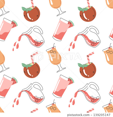 Cocktail seamless pattern with pouring drinks glasses and splashes in hand drawn doodle style for summer textile and packaging design 139205147