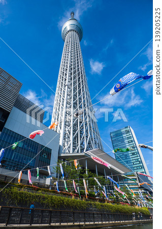 春日景色,東京晴空塔在湛藍的天空下巍然聳立,無數鯉魚旗在風中飄揚(東京都墨田區押上) 春日景色,東京晴空塔在湛藍的天空下巍然聳立,無數鯉魚旗在風中飄揚(東京都墨田區押上) 139205225