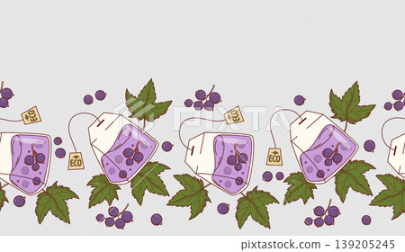 Blackcurrant Eco Tea Bag Seamless Border. Gourmet Herbal Berry Drink Brew on Light Grey Background. Horizontal Botanical Tape. Website Footer and Header Design with Copy Space. Vector Illustration. Blackcurrant Eco Tea Bag Seamless Border. Gourmet Herbal Berry Drink Brew on Light Grey Background. Horizontal Botanical Tape. Website Footer and Header Design with Copy Space. Vector Illustration. 139205245