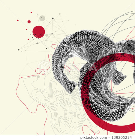 Abstract art composition with wireframe waves, geometric shapes, dots, and lines. Vector 139205254