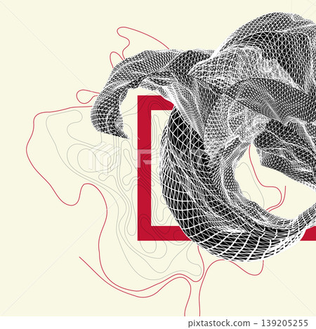 Abstract art composition with wireframe waves, geometric shapes, dots, and lines. Vector 139205255