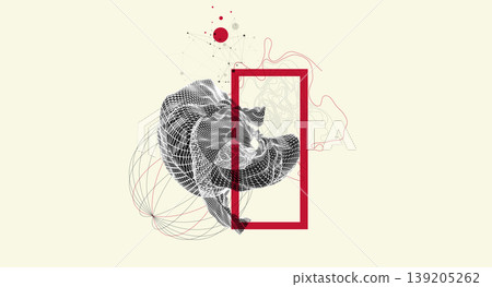 Abstract art composition with wireframe waves, geometric shapes, dots, and lines. Vector 139205262