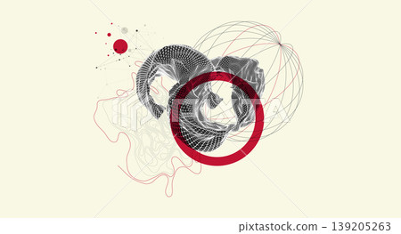 Abstract art composition with wireframe waves, geometric shapes, dots, and lines. Vector 139205263