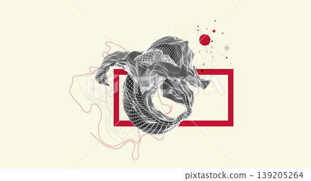 Abstract art composition with wireframe waves, geometric shapes, dots, and lines. Vector 139205264