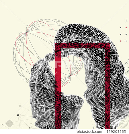 Abstract art composition with wireframe waves, geometric shapes, dots, and lines. Vector 139205265