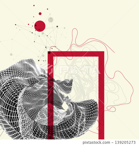 Abstract art composition with wireframe waves, geometric shapes, dots, and lines. Vector 139205273