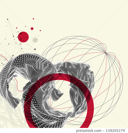 Abstract art composition with wireframe waves, geometric shapes, dots, and lines. Vector Abstract art composition with wireframe waves, geometric shapes, dots, and lines. Vector 139205274