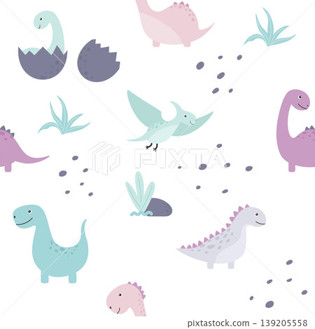 children seamless pattern with cute cartoon dinosaurs pastel color children seamless pattern with cute cartoon dinosaurs pastel color 139205558