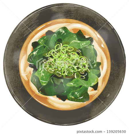 A realistic overhead illustration of "wakame udon" (seaweed udon). 139205630