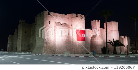 Evening view of exterior of Ribat of Monastir in Tunisia Evening view of exterior of Ribat of Monastir in Tunisia 139206067