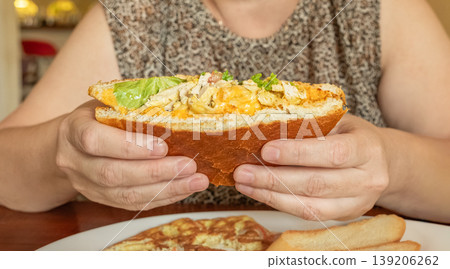 Photo of female hands holding half sandwich with chicken and cheese. Photo of female hands holding half sandwich with chicken and cheese. 139206262