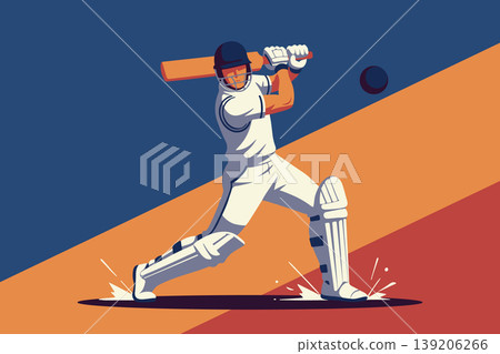 Man playing cricket. Cricket player in action. Cricketer wearing a helmet with a bat and ball. Illustration. Man playing cricket. Cricket player in action. Cricketer wearing a helmet with a bat and ball. Illustration. 139206266