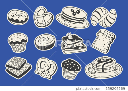 Hand drawn breakfast and bakery stickers collection. Set of bakery doodle icons. Illustration on blue background. Hand drawn breakfast and bakery stickers collection. Set of bakery doodle icons. Illustration on blue background. 139206269