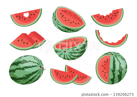 Watermelons set. Watermelon fruit slices and whole illustration elements collection. 139206273