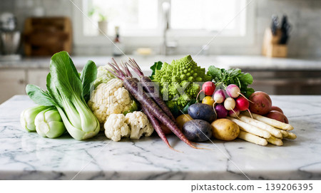 Assortment of fresh organic vegetables arranged on a marble countertop in a kitchen setting with the background shows a bright clean kitchen environment bok choy root vegetables vegetable medley Assortment of fresh organic vegetables arranged on a marble countertop in a kitchen setting with the background shows a bright clean kitchen environment bok choy root vegetables vegetable medley 139206395