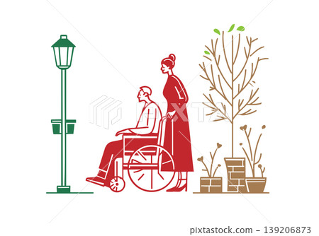 An illustration depicting a gentle caregiving scene of pushing a wheelchair. An illustration depicting a gentle caregiving scene of pushing a wheelchair. 139206873