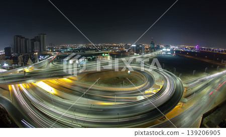 Traffic on a big road junction in Ajman aerial view from rooftop at night timelapse. Traffic on a big road junction in Ajman aerial view from rooftop at night timelapse. 139206905