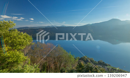 Panoramic view of Albano Lake coast at sunrise timelapse, Rome Province, Latium, central Italy 139206947