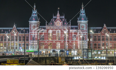 Illuminated Central Railway station night timelapse. Amsterdam, The Netherlands Illuminated Central Railway station night timelapse. Amsterdam, The Netherlands 139206950