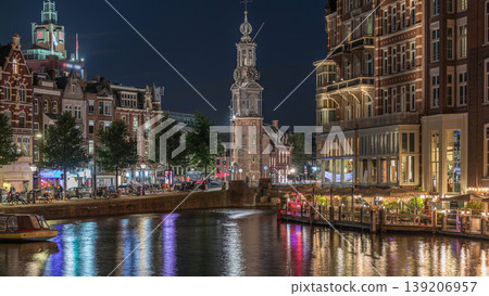 Panoramic night timelapse of Amsterdam city center featuring Amstel River, waterfront and Munttoren tower. Netherlands Panoramic night timelapse of Amsterdam city center featuring Amstel River, waterfront and Munttoren tower. Netherlands 139206957