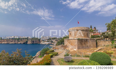 Hidirlik tower in Kas town in Antalya timelapse hyperlapse with view of harbor marine bay is a old city 139206989