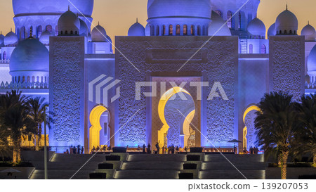Sheikh Zayed Grand Mosque in Abu Dhabi day to night timelapse after sunset, UAE Sheikh Zayed Grand Mosque in Abu Dhabi day to night timelapse after sunset, UAE 139207053
