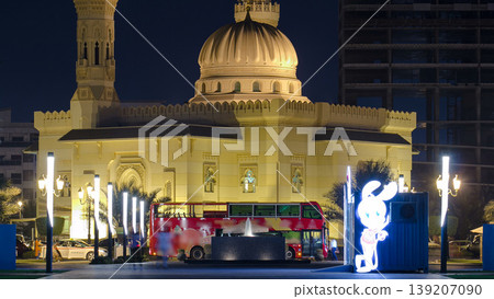Al Noor Mosque in Sharjah at night timelapse. United Arab Emirates Al Noor Mosque in Sharjah at night timelapse. United Arab Emirates 139207090