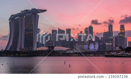 Downtown skyline of Singapore as viewed from across the water from The Garden East day to night timelapse. Singapore. Downtown skyline of Singapore as viewed from across the water from The Garden East day to night timelapse. Singapore. 139207236