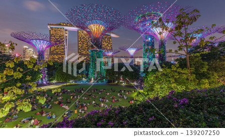 Futuristic aerial view of amazing illumination at Garden by the Bay day to night timelapse in Singapore. Futuristic aerial view of amazing illumination at Garden by the Bay day to night timelapse in Singapore. 139207250