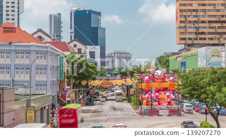 Aerial view of traffic on Eu Tong Sen Street and new bridge road all the way to Chinatown timelapse 139207270