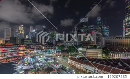 The Buddha Tooth Relic Temple comes alive at night timelapse in Singapore Chinatown, with the city skyline in the background. The Buddha Tooth Relic Temple comes alive at night timelapse in Singapore Chinatown, with the city skyline in the background. 139207285