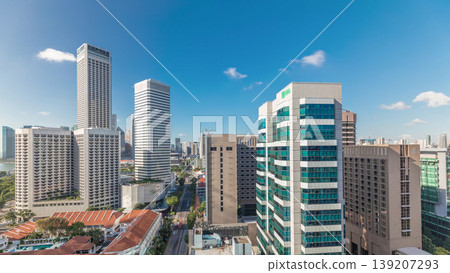 A beautiful morning panorama with Marina Bay area and skyscrapers city skyline aerial timelapse. 139207293