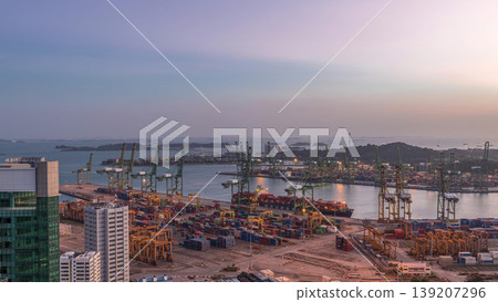 Commercial port of Singapore aerial day to night timelapse. Commercial port of Singapore aerial day to night timelapse. 139207296