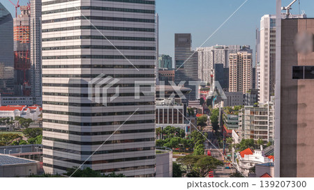A beautiful morning panorama with Marina Bay area and skyscrapers city skyline aerial timelapse. 139207300