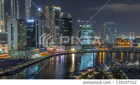 Night city Dubai near canal aerial timelapse 139207322