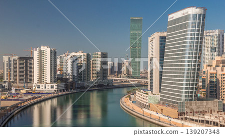 Skyscrapers near canal in Dubai with blue sky aerial timelapse Skyscrapers near canal in Dubai with blue sky aerial timelapse 139207348