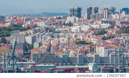 Panorama of Lisbon historical centre aerial timelapse viewed from above the southern margin of the Tagus or Tejo River. 139207367