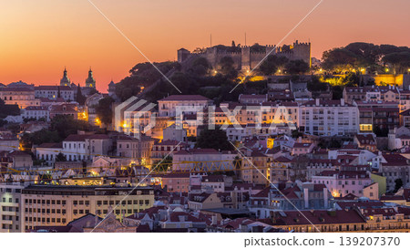 Lisbon aerial cityscape skyline night to day timelapse from viewpoint of St. Peter of Alcantara, Portugal Lisbon aerial cityscape skyline night to day timelapse from viewpoint of St. Peter of Alcantara, Portugal 139207370