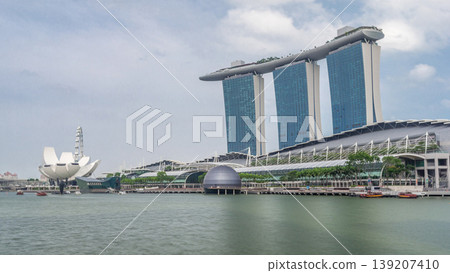 Fifty-five storeys high Marina Bay Sands Hotel dominates the skyline at Marina Bay in Singapore timelapse hyperlapse. Fifty-five storeys high Marina Bay Sands Hotel dominates the skyline at Marina Bay in Singapore timelapse hyperlapse. 139207410