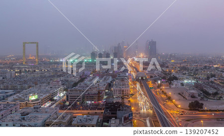 Dubai cityscape during sand storm day to night timelapse Dubai cityscape during sand storm day to night timelapse 139207452