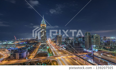 Skyline internet city with crossing Sheikh Zayed Road aerial night timelapse Skyline internet city with crossing Sheikh Zayed Road aerial night timelapse 139207505