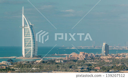 Aerial view of Burj Al Arab hotel from Internet city timelapse. 139207512