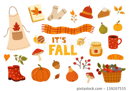 Autumn elements set with leaves pumpkins acorns cozy seasonal collection Autumn elements set with leaves pumpkins acorns cozy seasonal collection 139207535