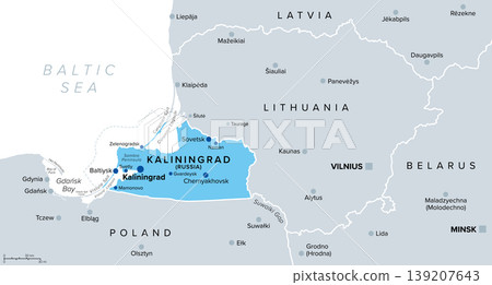 Kaliningrad and vicinity, blue and gray political map. Kaliningrad Oblast, exclave and westernmost federal subject of Russia on Baltic Sea, between Lithuania and Poland, with the Suwalki Gap. Vector Kaliningrad and vicinity, blue and gray political map. Kaliningrad Oblast, exclave and westernmost federal subject of Russia on Baltic Sea, between Lithuania and Poland, with the Suwalki Gap. Vector 139207643