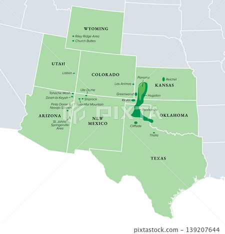 Helium production in the United States, political map. Helium-rich natural gas fields of USA, largest helium producer in the world, providing 40 percent of world supply. Isolated illustration. Vector 139207644