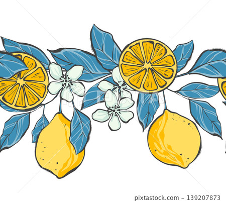 Fresh horizontal seamless border featuring yellow lemons and citrus slices with white flowers and blue leaves. 139207873