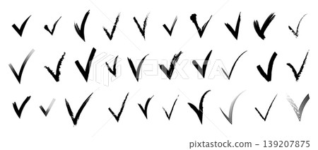 Hand-drawn grunge check mark collection. Vector set of black ink brush strokes, ticks and symbols isolated on white Hand-drawn grunge check mark collection. Vector set of black ink brush strokes, ticks and symbols isolated on white 139207875