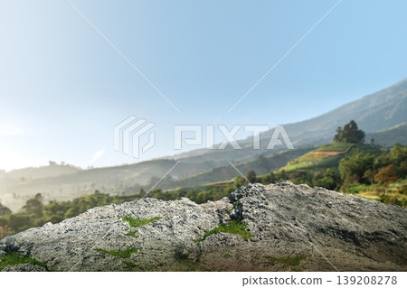 A detailed textured rock in the foreground with a soft-focus view of lush green hills and mountains under a clear blue sky. Ideal for product mockups and nature backgrounds A detailed textured rock in the foreground with a soft-focus view of lush green hills and mountains under a clear blue sky. Ideal for product mockups and nature backgrounds 139208278