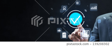 A professional businessman pointing at a blue checkmark icon, representing quality assurance, standard compliance, and business performance tracking through a digital interface A professional businessman pointing at a blue checkmark icon, representing quality assurance, standard compliance, and business performance tracking through a digital interface 139208302